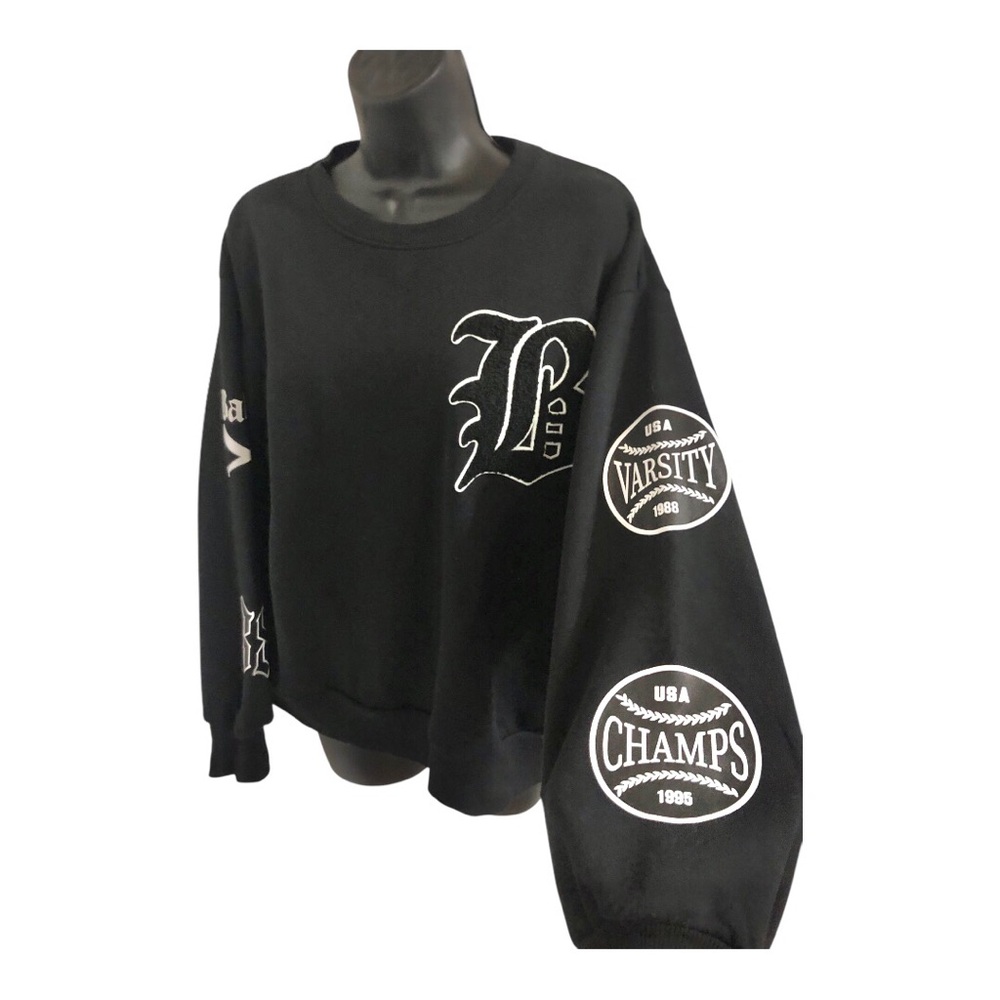 Black multi print varsity patchwork sweatshirt size medium brand new